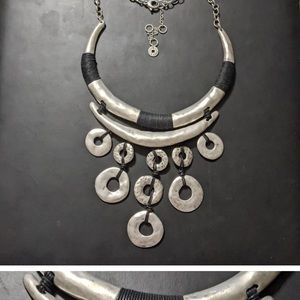 Karma Bella Chunky Tribal Silver Tone Black Cord Bib Style Statement Necklace